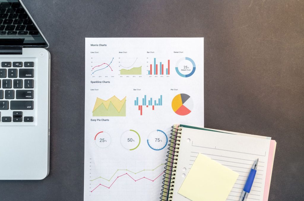 Overhead view of business charts, a laptop, and a notebook on a desk